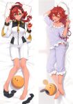  1girl arm_up asticassia_school_uniform barefoot bed black_hairband black_socks closed_eyes closed_mouth dakimakura_(medium) food frilled_sleeves frills full_body gundam gundam_suisei_no_majo hair_down hairband happy haro holding holding_food holding_vegetable loose_socks lying moeanime off_shoulder official_alternate_hairstyle on_bed open_mouth pajamas pants pillow purple_pants red_hair ribbon school_uniform shorts single_off_shoulder sleepwear smile socks solo suletta_mercury teeth tomato upper_teeth_only vegetable white_ribbon white_shorts wide_sleeves 