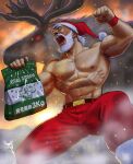  2023 abs bag belt biceps cat clenched_hand dated feet_out_of_frame hat holding male_focus matataku muscular muscular_male nipples open_mouth original outdoors pants pectorals red_eyes red_pants reindeer santa_claus santa_hat signature surprised_cat_(matataku) topless_male translation_request white_cat 