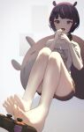  1girl absurdres animal_ears barefoot black_hair black_shorts blue_eyes chingo_(pixiv8584617) commentary controller feet foot_focus game_controller hands_up highres hololive legs multicolored_hair ninomae_ina&#039;nis open_mouth pink_hair shirt short_hair shorts single_bare_shoulder sitting soles solo streaked_hair virtual_youtuber white_shirt 