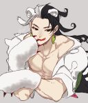  1boy animal_ears ashiya_douman_(fate) asymmetrical_hair bare_pectorals bear_boy bear_ears bear_paws black_hair curly_hair earrings fate/grand_order fate_(series) fingernails hair_between_eyes haruhina highres jewelry kemonomimi_mode licking_lips long_hair lying magatama magatama_earrings male_focus multicolored_hair official_alternate_hairstyle on_stomach pectorals sharp_fingernails solo split-color_hair toned toned_male tongue tongue_out two-tone_hair upper_body very_long_hair white_hair 