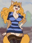 2023 3:4 anthro big_breasts blonde_hair blue_clothing blue_eyes blurred_background breasts brown_body brown_fur cheese_quesadilla clothing felid female fur general-irrelevant hair hand_on_hip hi_res legwear looking_at_viewer mammal open_mouth pattern_clothing smile solo striped_clothing stripes thigh_highs