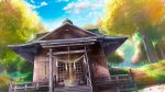  architecture blue_sky box cloud day donation_box dutch_angle east_asian_architecture film_grain game_cg grass izumi_tsubasu no_humans non-web_source official_art outdoors re:stage! rope scenery shrine sky stairs tree 