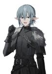  1boy :d black_capelet black_gloves black_jacket blue_eyes capelet chihuri final_fantasy final_fantasy_xiv gloves grey_hair hair_between_eyes hand_up haurchefant_greystone highres jacket long_sleeves looking_at_viewer male_focus pointy_ears simple_background smile solo white_background 