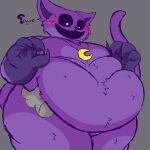 absurd_res anthro belly belly_grab belly_play belly_rolls belly_squish big_belly blush blush_lines bodily_fluids catnap_(poppy_playtime) claws domestic_cat fat_fetish felid feline felis fupa hi_res huge_thighs jaysonweavile looking_down male mammal moobs morbidly_obese morbidly_obese_anthro morbidly_obese_male obese obese_anthro obese_male overweight overweight_anthro overweight_male solo squish sweat sweatdrop thick_thighs