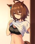  1girl agnes_tachyon_(umamusume) ahoge animal_ears bakuran404 black_sports_bra breasts brown_eyes brown_hair chemical_structure clothes_lift earrings hair_between_eyes highres horse_ears horse_girl horse_tail jewelry messy_hair navel red_eyes shirt shirt_lift short_hair single_earring smile solo sports_bra tail umamusume white_shirt 