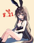  1girl animal_ears bare_shoulders black_footwear black_leotard blue_eyes boots bow bowtie breasts brown_hair bunny_day dated detached_collar expressionless fake_animal_ears leotard long_hair original playboy_bunny rabbit_ears sakura_mikan_(chirizakura) sitting small_breasts solo strapless strapless_leotard thighs very_long_hair wrist_cuffs 