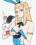  animal_ears armband ban!_(bansankan) black_gloves black_ribbon blonde_hair blue_eyes breasts cake cake_slice detached_collar eating elf food fork gloves holding holding_fork holding_plate medium_breasts nose pattadol plate playboy_bunny pointy_ears rabbit_ears ribbon wrist_cuffs 