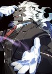  1boy absurdres bara black_background black_sclera black_suit black_vest broker_(live_a_hero) colored_sclera commentary_request fangs furry furry_male gloves highres lion_boy lion_mane live_a_hero looking_at_viewer male_focus necktie omochi_kuitai open_mouth profile red_necktie shirt suit vest white_gloves white_shirt 