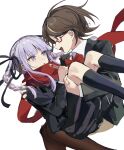  2girls :d black_jacket black_ribbon black_skirt bow bowtie braid brown-framed_eyewear brown_hair brown_thighhighs carrying collared_shirt danganronpa_(series) danganronpa_kirigiri eye_contact hair_ribbon highres holding jacket kirigiri_kyoko looking_at_another multiple_girls nemari_(nemaru_0907) pink_eyes pink_hair princess_carry profile red_bow red_bowtie red_scarf ribbon samidare_yui scarf semi-rimless_eyewear shirt simple_background skirt smile thighhighs twin_braids twintails white_shirt 