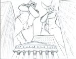 anthro bank building canid canine canis clothed clothing conejito crossed_arms crux_(artist) duo fur lagomorph leporid looming low-angle_view macro male mammal monochrome rabbit sketch smile smirk standing suit tail wendingo_(character) wolf