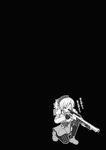  aiming black_background comic doujinshi greyscale gun highres mahou_shoujo_madoka_magica monochrome one_knee outline rifle scan scope shino_(ponjiyuusu) simple_background solo tomoe_mami translated weapon 