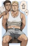  2boys arms_behind_back bad_id bad_twitter_id bara black_hair blonde_hair chair dudlesnoodles english_text eren_yeager facial_hair grey_shorts highres large_pectorals male_focus multiple_boys muscular muscular_male pectorals reiner_braun shingeki_no_kyojin shirt short_hair shorts sitting tank_top white_shirt white_tank_top yaoi 