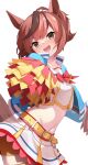  1girl :d animal_ears belt brown_hair cheerleader commentary_request highres holding holding_pom_poms horse_ears horse_girl horse_tail looking_at_viewer midriff mofu_namako multicolored_hair navel nice_nature_(run&amp;win)_(umamusume) nice_nature_(umamusume) official_alternate_costume official_alternate_hairstyle pom_pom_(cheerleading) shirt simple_background smile solo streaked_hair tail teeth thighs umamusume upper_teeth_only white_background white_shirt yellow_belt 