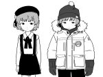  1girl arms_at_sides beanie beret blush closed_mouth coat collared_shirt cowboy_shot doppelschwert embarrassed expressionless flower fur-trimmed_coat fur_trim furrowed_brow gloves greyscale hair_flower hair_ornament hair_ribbon hat hatoba_tsugu highres light_frown long_sleeves looking_at_viewer mole mole_under_eye monochrome multiple_views narrowed_eyes neck_ribbon parka pom_pom_(clothes) pom_pom_beanie ribbon shirt shirt_tucked_in short_hair side-by-side simple_background single_hair_ring skirt suspender_skirt suspenders tsugu_(vtuber) v-shaped_eyebrows virtual_youtuber winter_clothes 