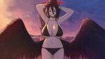  1girl adjusting_hair alternate_costume bikini black_bikini black_choker black_hair black_wings blue_archive blue_sky breasts choker cleavage collarbone commentary_request cowboy_shot double-parted_bangs feathered_wings gradient_sky hair_between_eyes halo hasumi_(blue_archive) highres huge_breasts looking_at_viewer low_wings midriff mole mole_under_eye mountainous_horizon navel nhaliz ocean orange_sky outdoors ponytail red_eyes red_halo sky smile solo sunset swimsuit wide_hips wings 
