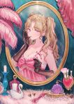  1girl absurdres animal_ears black_gloves blonde_hair breasts camisole commentary_request cosmetics earrings gloves highres jewelry lipstick_tube long_hair looking_at_viewer medium_breasts mirror original pink_camisole red_eyes reflection solo twintails uni_(melm) 