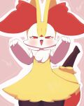  1girl animal_ear_fluff animal_ears animal_nose black_fur blush body_fur braixen commentary cowboy_shot fang flat_chest fox_ears fox_girl fox_tail furry half-closed_eyes hands_up happy heart highres looking_at_viewer multicolored_fur neck_fur open_mouth pokemon pokemon_(creature) red_background red_eyes sakuyan_(sakuyan1007) smile snout solo standing stick straight-on symbol-only_commentary tail thick_thighs thighs white_fur wide_hips yellow_fur 
