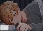  1boy blanket blonde_hair dated grey_shirt highres long_sleeves male_focus momiji_11_12 multicolored_hair open_mouth orange_hair pillow project_sekai shinonome_akito shirt solo tears timestamp translation_request 