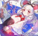  1girl :c animal_ears arm_behind_leg black_socks blue_background blush bow bowtie brooch commentary_request feet_out_of_frame frown granblue_fantasy heart heart_brooch hugging_own_legs jewelry kneehighs long_sleeves looking_at_viewer mouse_ears red_bow red_bowtie red_eyes red_skirt shirt short_hair simple_background skirt socks solo soriya twitter_username vikala_(granblue_fantasy) white_background white_hair white_shirt wide_sleeves 