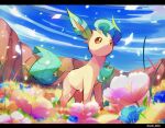  animal_focus aobi_3814 bad_id bad_twitter_id blue_flower blue_sky brown_eyes brown_fur cloud dot_nose field flower flower_field highres leaf leafeon letterboxed mountain no_humans no_mouth pink_flower pokemon pokemon_(creature) sky yellow_flower 