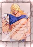  1boy abs ame_ekai bara bare_pectorals beard blonde_hair clothes_lift dark-skinned_male dark_skin facial_hair goatee hair_over_one_eye highres killer_(one_piece) large_hands large_pectorals long_hair looking_at_mirror looking_at_viewer male_focus mirror muscular muscular_male navel nipples one_piece pectorals pubic_hair pubic_hair_peek selfie shirt_lift solo stomach thick_beard veins veiny_arms veiny_crotch wavy_hair 