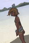  1girl alternate_costume arms_at_sides beach bikini bikini_skirt blonde_hair blue_sky bow closed_mouth day doppelschwert dutch_angle expressionless feet_out_of_frame floating_hair hair_bow hair_ornament hairclip half-closed_eyes headphones kagamine_rin looking_at_viewer looking_back mountainous_horizon outdoors photo_background polka_dot polka_dot_bikini raised_eyebrows shade short_hair sky solo standing swept_bangs swimsuit tan tanlines vocaloid white_bikini white_bow wind 