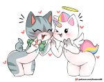 &lt;3 angel anthro blush bow_tie claws countershading domestic_cat duo english_text equid equine eyes_closed fangs felid feline felis fur gesture grey_body grey_fur hair halo hand_holding hanuvo hi_res horn hybrid looking_at_viewer mammal multicolored_body multicolored_fur multicolored_hair multicolored_horn multicolored_tail one_eye_closed patreon pawpads paws rainbow_body rainbow_fur rainbow_hair rainbow_horn rainbow_tail simple_background smile striped_body striped_fur stripes tail teeth text unicorn v_sign white_background white_body white_fur wings wink