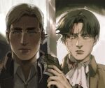  2boys ascot blood blood_on_clothes blood_on_face blue_eyes brown_coat brown_jacket closed_mouth coat collared_shirt crying crying_with_eyes_open erwin_smith holding holding_weapon jacket levi_(shingeki_no_kyojin) male_focus multiple_boys shingeki_no_kyojin shirt streaming_tears tears thisuserisalive weapon white_ascot white_shirt 