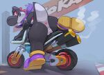 anthro anus biped black_body clothing colored eyelashes female fin footwear genitals hi_res innie_pussy looking_at_viewer mario_bros mario_kart mostly_nude multicolored_body nintendo presenting public public_exposure purple_clothing purple_footwear purple_shoes pussy rear_view red_eyes red_spikes roy_arashi shaded shoes soft_shading solo tail text two_tone_body white_body yoshi