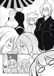  1boy 2girls ahoge alternate_costume blush closed_eyes comic futa_(nabezoko) glasses greyscale hata_no_kokoro highres hijiri_byakuren imagining japanese_clothes kimono long_hair long_sleeves married monochrome morichika_rinnosuke multiple_girls o_o open_mouth sweatdrop thought_bubble touhou translated tsunokakushi uchikake wide_sleeves 