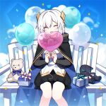  1girl ars_almal balloon bench black_cloak black_skirt blue_cloak blue_sky cloak closed_eyes cloud commentary_request detached_sleeves diamond_hair_ornament feet_out_of_frame gift head_tilt heart_balloon highres holding holding_balloon long_sleeves looking_at_viewer nijisanji on_bench open_mouth shirt skirt sky smile solo stuffed_animal stuffed_cat stuffed_toy teddy_bear two-sided_cloak two-sided_fabric virtual_youtuber waka_(wk4444) white_hair white_shirt 