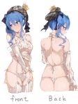  1girl absurdres alternate_costume ass averting_eyes bare_shoulders beret blue_eyes blue_hair blush breasts commentary cropped_legs crown detached_sleeves double-parted_bangs embarrassed front_and_back garter_straps grey_headwear hair_between_eyes hat highres hololive hoshimachi_suisei long_hair looking_at_viewer looking_back meme_attire multiple_views panties plaid_headwear ribbed_sleeves ribbed_sweater side-tie_panties side_ponytail sketch star_(symbol) star_in_eye sweater symbol_in_eye thighhighs turtleneck turtleneck_sweater underwear virgin_destroyer_sweater virgo76612871 virtual_youtuber white_background white_panties white_sleeves white_sweater 