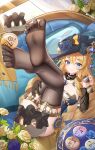  absurdres between_toes black_thighhighs blue_gemstone drill_hair drill_sidelocks duplicate feet flower foot_focus gem genshin_impact hat hat_flower highres jndfh lace-trimmed_collar lace_trim navia_(genshin_impact) no_shoes pixel-perfect_duplicate sidelocks soles thighhighs 