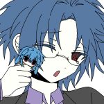  2boys anger_vein black_jacket blue_hair collared_shirt father_and_son glasses grey_background jacket looking_at_viewer mini_person miniboy multiple_boys one_eye_closed open_mouth pale_skin purple_shirt red_eyes shirt simple_background ushirono_fuyu ushirono_kanrai world_execute yawning yellow_jacket zeno_(game) 