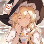  1girl asakura_maru black_headwear black_vest blonde_hair blush braid closed_eyes commentary_request facing_viewer food grin hair_between_eyes hat holding holding_spoon kirisame_marisa long_hair parfait shirt short_sleeves single_braid smile solo spoon touhou upper_body vest white_shirt witch_hat 