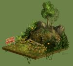  2014 dated english_text entrance fallout_(series) fallout_new_vegas graffiti grass green_background hill isometric mayoryashy mushroom nature no_humans plant rock scenery sign simple_background tree vines 