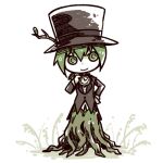  1other androgynous black_headwear black_jacket branch chibi closed_mouth commentary_request dated_commentary full_body green_eyes green_hair hand_on_own_hip hand_up hat jacket long_sleeves looking_at_viewer lowres original pendant_watch rakuni roots shirt short_hair smile solo straight-on top_hat white_background white_shirt 