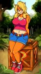 activision anthro bandicoot belt big_breasts blonde_hair blue_bottomwear blue_clothing blue_eyes blue_shorts bottomwear box breasts cleavage clothed clothing container crash_bandicoot_(series) crate eyelashes eyeshadow female footwear fur hair hi_res looking_at_viewer makeup mammal marsupial navel orange_body orange_fur pink_clothing pink_topwear purple_eyeshadow red_clothing red_footwear red_shoes shoes shorts silenttandem sitting smile solo tan_body tan_fur tawna_bandicoot thick_thighs topwear wide_hips