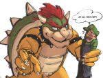 absurd_res anthro bowser carrying_another claws clothing duo english_text eye_contact hi_res human koopa looking_at_another luigi male mammal mario_bros nintendo p1nkmic scalie simple_background text thought_bubble