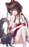  1girl animal_ears black_cat brown_hair cat dog_ears dog_girl dog_tail good_thighs_day heterochromia highres inui_toko japanese_clothes kimono long_hair low_twintails makamu nijisanji red_eyes red_nails short_kimono sitting solo swept_bangs tail thighhighs twintails very_long_hair virtual_youtuber white_kimono white_thighhighs yellow_eyes 