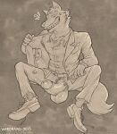absurd_res anthro bodily_fluids bottomwear canid canine canis chest_tuft clock clothing collared_shirt dreamworks dripping erection footwear genital_fluids genitals hi_res jacket leaking_precum male mammal mr._wolf_(the_bad_guys) pants penis penis_out_of_underwear poking_out precum precum_drip pubes shoes solo sweat sweatdrop the_bad_guys topwear tuft wardraws watch wolf