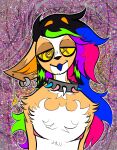 abstract_background anthro bluddly canid collar ear_piercing ear_ring fur hair half-length_portrait hi_res looking_at_viewer male mammal mastectomy_scar multicolored_body multicolored_fur multicolored_hair piercing portrait psychedelic_background pupils ring_piercing scar solo sparkledog spiked_collar spikes spiral_eyes tan_body tan_fur unusual_pupils x_eye yellow_eyes zombie_(character)