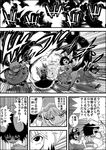  &gt;_&lt; \(^o^)/ bow carrot_necklace chen closed_eyes comic explosion greyscale heart heart_of_string highres hood inaba_tewi invisible komeiji_koishi monochrome multiple_girls mystia_lorelei niiko_(gonnzou) rumia running team_9 touhou translated 