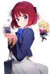  2girls arima_kana bag blonde_hair blue_vest bob_cut cup grey_skirt hair_ribbon highres holding holding_cup hoshino_ruby inverted_bob long_hair multiple_girls oshi_no_ko red_eyes red_hair ribbon school_bag school_uniform short_hair skirt smile vest x8n6reytyn75033 youtou_high_school_uniform 