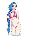  1girl alternate_costume artist_name asymmetrical_bangs bikini blue_hair blush blushyspicy braid breasts clothes_lift cloud_tattoo flower groin hair_flower hair_ornament jinx_(league_of_legends) league_of_legends long_hair medium_breasts mouth_hold navel pink_bikini pink_eyes pink_lips shirt shirt_lift short_sleeves solo swimsuit teeth_hold twin_braids twintails wading water white_shirt 