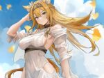  1girl absurdres animal_ears arknights armpit_cutout bare_shoulders black_choker blonde_hair blue_sky braid breasts choker clothing_cutout commentary_request copyright_name day dress french_braid grey_eyes grey_hairband hairband highres horn_(arknights) horn_(to_effloresce_whitely)_(arknights) long_hair long_sleeves looking_at_viewer medium_breasts off-shoulder_dress off_shoulder official_alternate_costume sideboob sky solo sora_mame_(princess_0sora) upper_body very_long_hair white_dress wolf_ears wolf_girl 