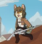 2014 anthro attack_on_titan blue_sky bluekyokitty boots brown_body brown_boots brown_clothing brown_eyes brown_footwear brown_fur brown_hair brown_jacket brown_topwear canid canine canis cel_shading clothed clothing cloud cosplay cropped_jacket curled_tail day detailed_background digital_drawing_(artwork) digital_media_(artwork) domestic_dog dual_wielding fangs female footwear freckles fully_clothed fur hair harness holding_object holding_sword holding_weapon jacket mammal melee_weapon omni-directional_mobility_gear on_roof one_eye_closed open_mouth outside pink_inner_ear pink_nose pink_tongue plantigrade rooftop running sebdoggo shaded shiba_inu sky solo spitz sword tail teeth tongue topwear weapon