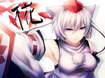  animal_ears carp detached_sleeves hat inubashiri_momiji koudou red_eyes shield short_hair solo tokin_hat touhou white_hair wolf_ears 