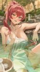  1girl blush bottle breasts collarbone commentary_request cup heterochromia highres hololive houshou_marine kobayashi_(jna_x_rgh) large_breasts looking_at_viewer naked_towel onsen open_mouth partially_submerged red_eyes red_hair solo towel virtual_youtuber water wet yellow_eyes 