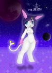 anthro blue_eyes breasts canid canine female floating fox fur genitals hair hi_res humanoid mammal navel nippel planet purple_hair pussy shivaa_snow silavos smile solo universe watermark white_body white_fur